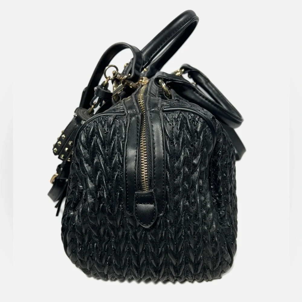 Black Gathered Vegan Leather Large Handbag with Tassels Gold Harware